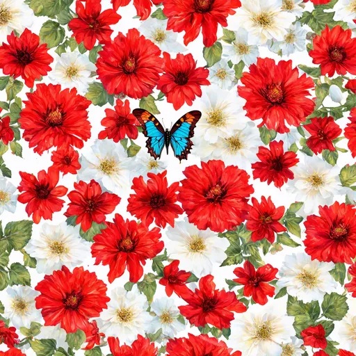 Prompt: a red flower and white flower with one beautiful butterfly in between them, a seamless blending pattern for a cloth