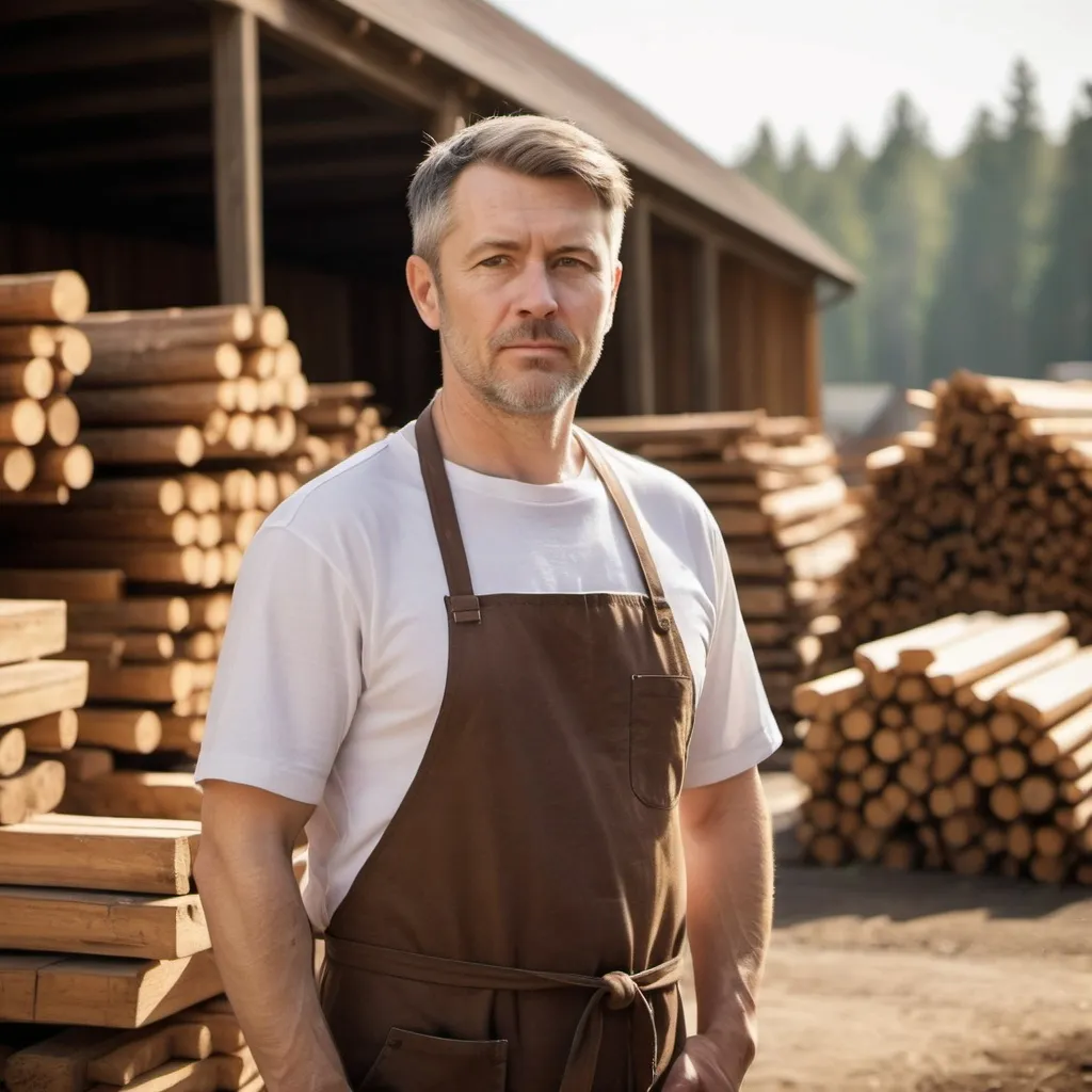 Prompt: a workier, wearing t-shirt with apron, he is in the wood industry, the uniform is without the collar
standimg outside the industry

