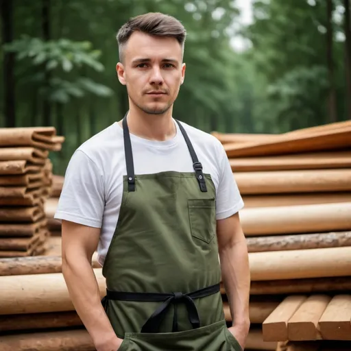 Prompt: a workier, wearing t-shirt with apron, he is in the wood industry, the uniform is without the collar
standimg outside the industry

