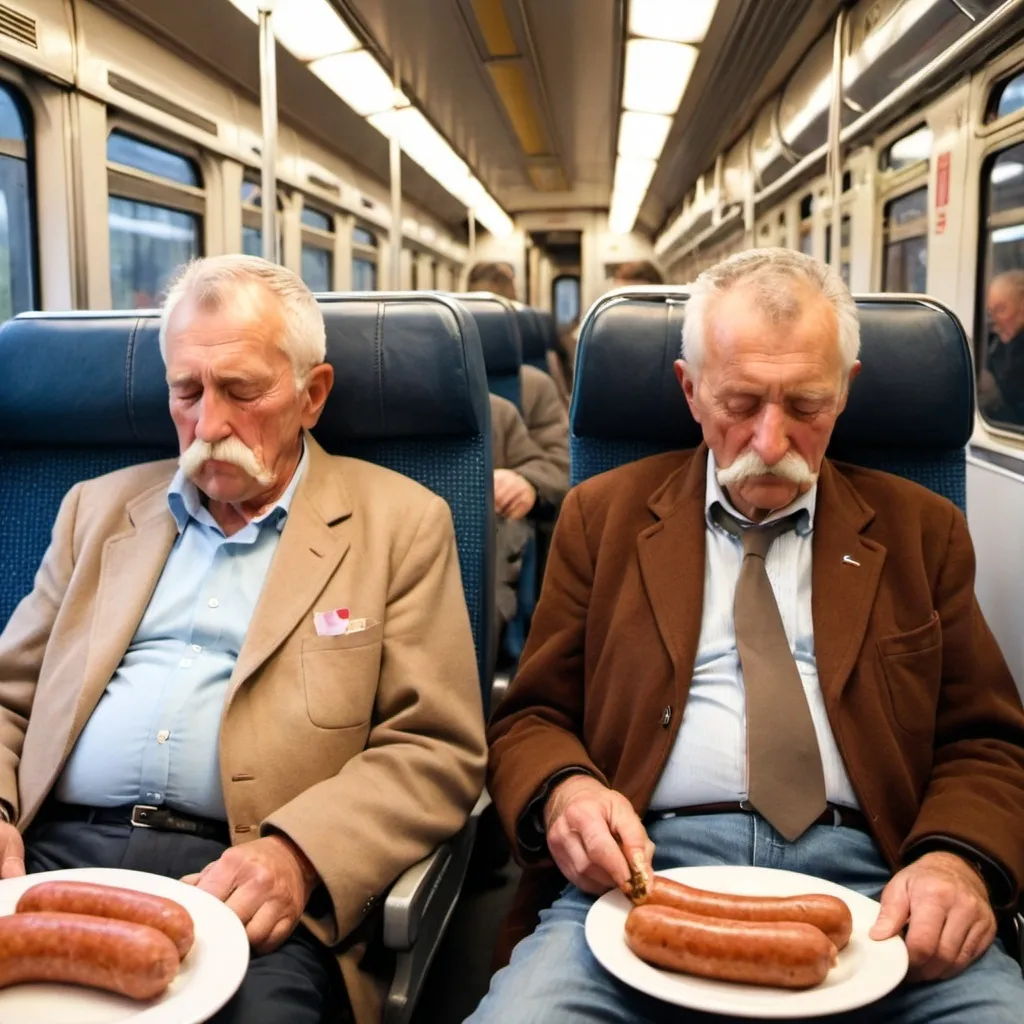 Prompt: Old guys sleeping in a train, one eating a knacker
Knacker is an Austrian sausage 