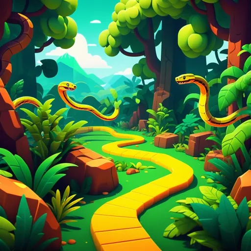 Prompt: (vibrant snake game background), colorful pixelated landscape, (dynamic elements of foliage and obstacles), lively animations in the scene, retro gaming vibe, high contrast to evoke energy, lush greens and bright yellows for exhilaration, suitable for a thrilling snake game atmosphere, perfect for engaging gameplay, (4K ultra-detailed graphic).