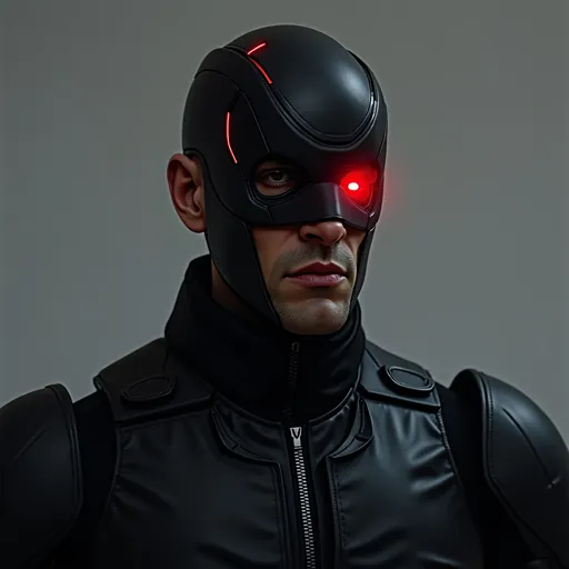 Prompt: I need you to make him dressed in an black robot suit with his face look more serious.also I need his left eye to have a red light on it