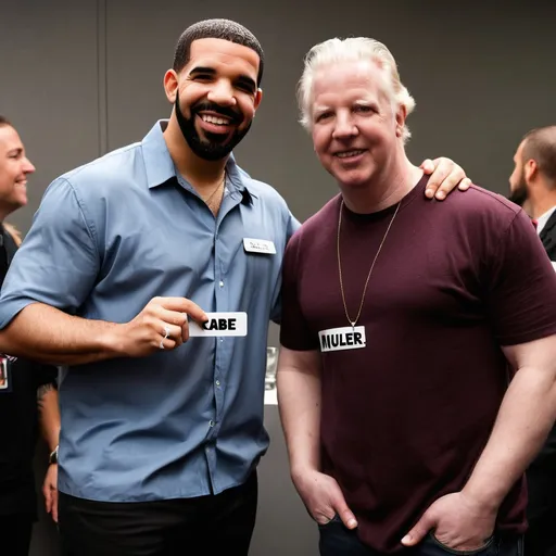 Prompt: Drake standing next to a tall white man with a name tag saying Gabe muller
