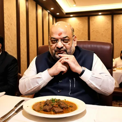 Prompt: Amit shah eating porotta and beef at amlaz hotel in malaz riyadh