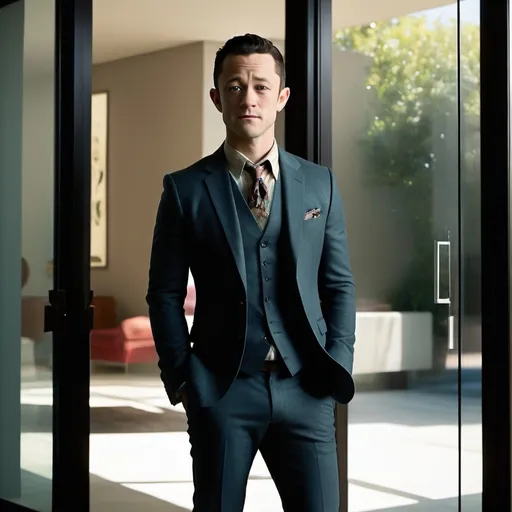 Prompt: Joseph Gordon-Levitt standing in front of a glass door