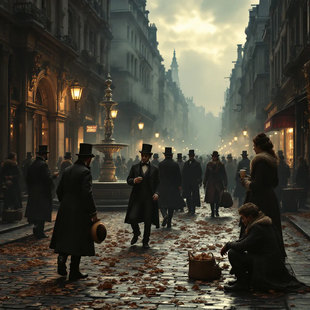 Prompt: A photorealistic image of a crowded, narrow street in 19th century Paris, with people in rags and children begging for food, showing the stark contrast between the wealthy and the poor
