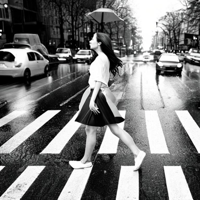 Prompt: natural beautiful woman with wet hairs in a short skirt crossing pedestrian crossing on abbey road street in the heavy rain, looking to the right, greyscale, album cover