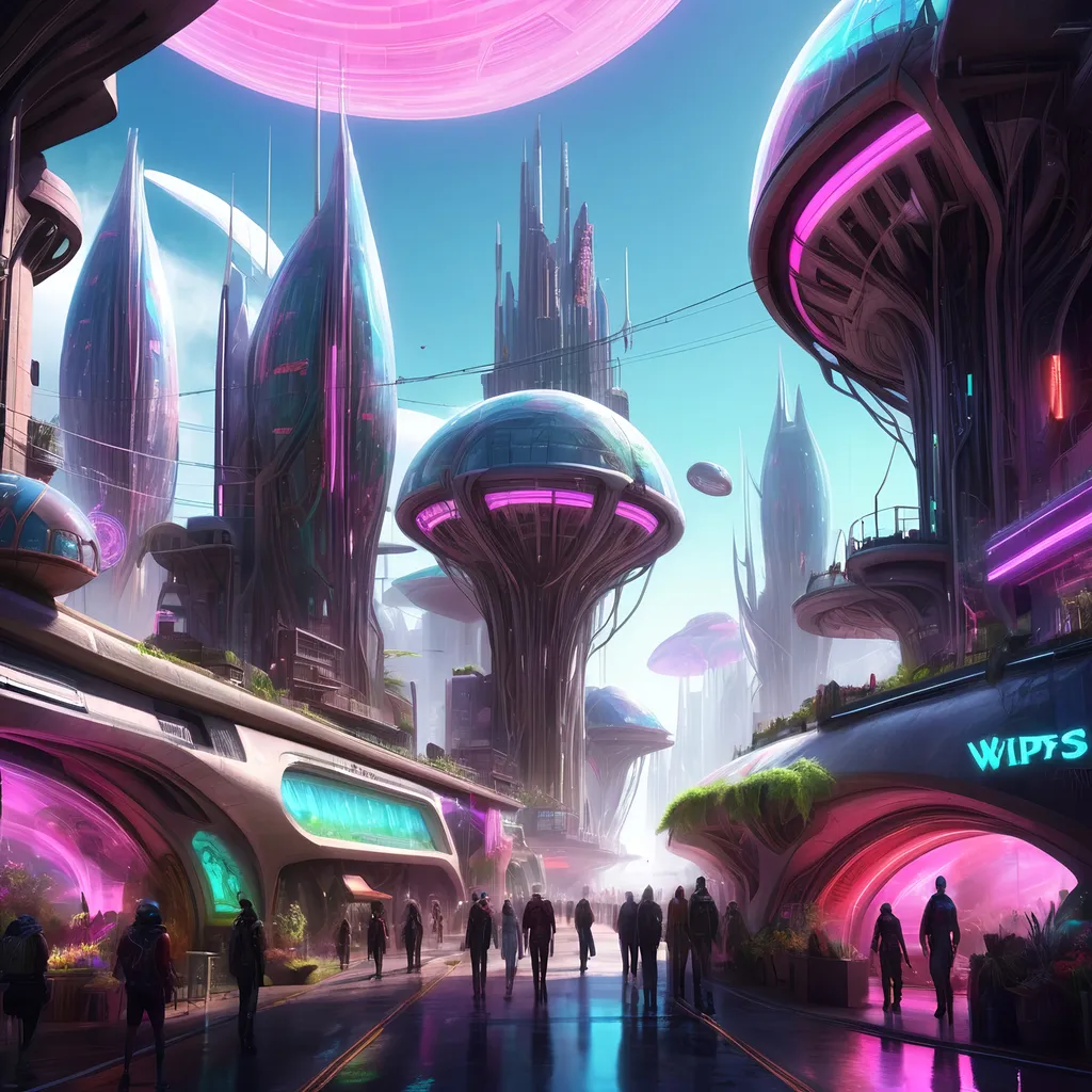 Prompt: (A cocooned sci fi punk town in a city), breathtaking (sci-fi architecture), bustling community of activity, unique creatures, biodomes of vegitation magnificent surrounding buildings, situated in a valley, (ethereal atmosphere), wisps of wind blowing through, vivid neon signs illuminating the solar punk scene 