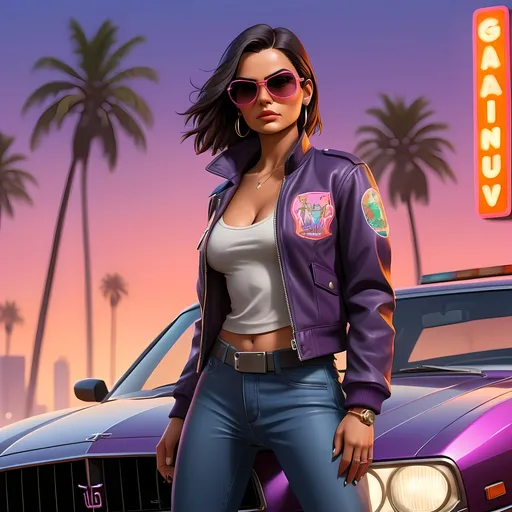 Prompt: Create a high-energy, cinematic poster for Grand Theft Auto VI (GTA 6). The scene should capture the essence of crime, chaos, and luxury typical of the GTA franchise. Include:

A vibrant city skyline at sunset, blending neon lights and gritty urban textures.

Two main characters:

A confident, stylish woman as the central focus—armed, dressed in sleek, modern attire (think leather jacket, heels or boots, sunglasses), with a bold, fearless attitude.

A male character as her partner-in-crime, equally dynamic and armed.

Iconic vehicles: a sleek sports car and a powerful motorbike, both in action.

Explosions, helicopters, and sirens in the background to suggest danger and chaos.

The GTA VI logo prominently displayed, in the classic bold style of the series.

A color palette rich in purples, pinks, oranges, and dark blues, with high contrast.

Subtle details: flying cash, palm trees, neon signs, and clues hinting at a Miami/Florida-inspired setting.

Make the woman character stand out as a fierce and integral part of the scene—bold, iconic, and ready for action—capturing excitement and anticipation.