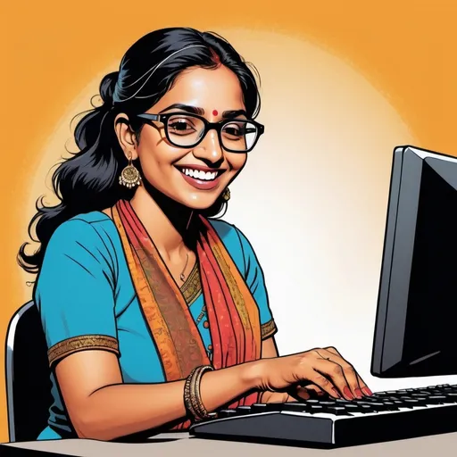 Prompt: An Indian woman wearing glasses tapping away at a keyboard and smiling; draw it in a pop art style