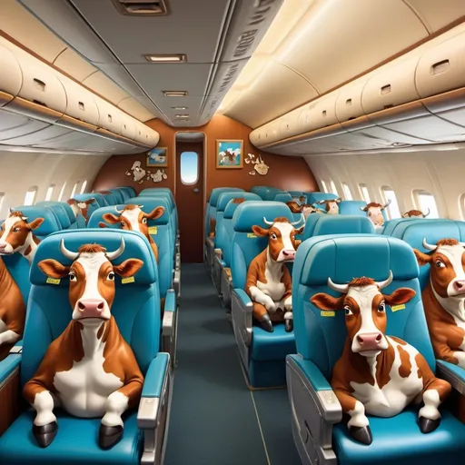 Prompt: An airplane cabin full of cows sitting in seats, gazing at first class cabin. Draw it a Gary Larson style
