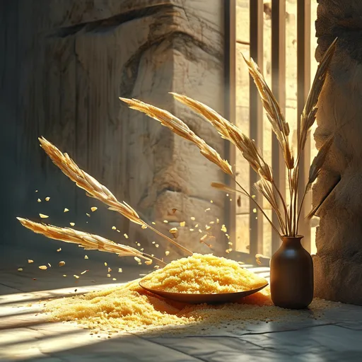 Prompt: symbolic representation of biblical manna, vibrant and dynamic emphasis on fresh sustenance, modern yet respectful aesthetic, clean and minimalist design, vector style elements, inspirational atmosphere, spiritually uplifting themes, contrast with yesterday's remnants, illustrative clarity, powerful message about growth and reliance on divine provision, emphasis on refreshment and new beginnings, suitable for a thoughtful audience.