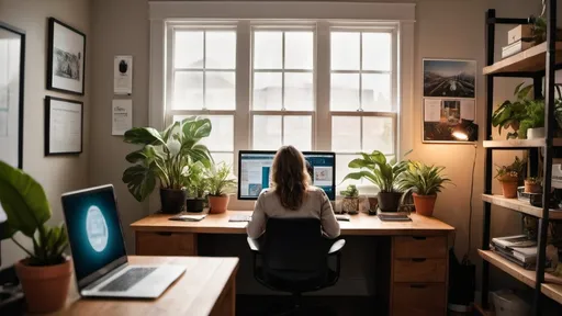 Prompt: : A young professional in a cozy, home office setup, immersed in their work with a focused expression. The workspace is personalized with motivational posters, plants, and tech gadgets. Sunlight streams through the window, highlighting the person's dedication to their passion project. This image embodies the modern dream job scenario of 2024, where flexibility and personal growth are key. Photographed by Annie Leibovitz, using a Nikon Z7 with a 50mm lens, the lighting combines natural light and warm indoor lighting, creating an inviting and productive ambiance. --v 5 --q 2