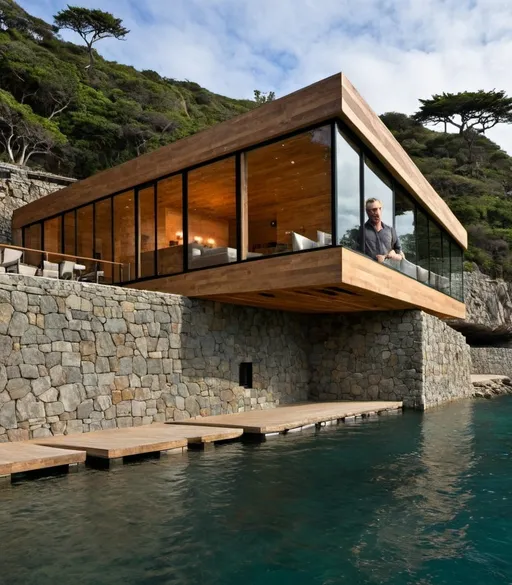 Prompt:  A modern architectural wonder, combining the rustic charm of wood planks with the sleekness of glass and the solidity of stone. The building is perched on a cliffside, offering breathtaking views of the ocean. The glass walls blur the boundaries between indoor and outdoor spaces, while the wood and stone elements provide a grounded, natural feel. The exterior is painted in muted tones that blend seamlessly with the surrounding landscape. the lighting is a combination of natural sunlight and warm indoor lighting, creating a cozy yet dramatic atmosphere. 