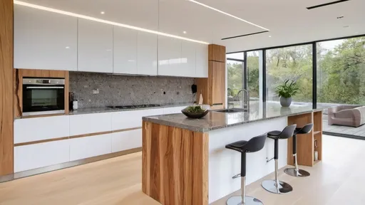 Prompt: A spacious contemporary kitchen showcasing a mix of natural wood and white lacquered cabinetry, a sleek granite island with built-in sink, and advanced smart appliances. The room features minimalist decor with a few potted plants and stylish kitchenware. The large windows allow for plenty of daylight, making the space bright and airy.