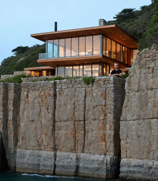 Prompt:  A modern architectural wonder, combining the rustic charm of wood planks with the sleekness of glass and the solidity of stone. The building is perched on a cliffside, offering breathtaking views of the ocean. The glass walls blur the boundaries between indoor and outdoor spaces, while the wood and stone elements provide a grounded, natural feel. The exterior is painted in muted tones that blend seamlessly with the surrounding landscape. the lighting is a combination of natural sunlight and warm indoor lighting, creating a cozy yet dramatic atmosphere.