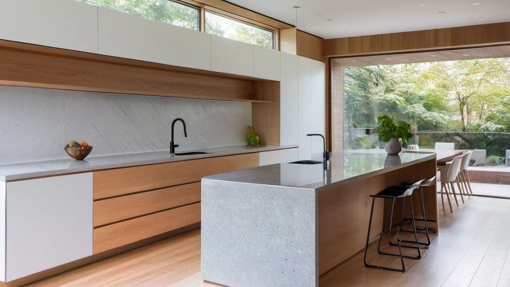 Prompt:  A spacious contemporary kitchen showcasing a mix of natural wood and white lacquered cabinetry, a sleek granite island with built-in sink, and advanced smart appliances. The room features minimalist decor with a few potted plants and stylish kitchenware. The large windows allow for plenty of daylight, making the space bright and airy. Photographed by Iwan Baan, using a Sony A7R IV with a 24-70mm lens, the lighting is a mix of natural light and soft artificial lighting, emphasizing the modern and inviting design. --v 5 --q 2