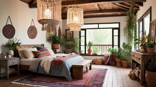 Prompt: A cozy farmhouse bohemian bedroom filled with eclectic decor. Woven macrame wall hangings adorned with intricate patterns hang beside vibrant Persian rugs sprawled across wooden floors. Layers of textured textiles, including vintage quilts and Moroccan-inspired throws, create a tapestry of colors and patterns. Mismatched furniture such as weathered wooden dressers and a boho-chic vanity add to the room's artistic charm. Soft, ambient lighting from fairy lights and candles in recycled glass jars casts a warm glow over the space.

Above, the ceiling features exposed wooden beams painted in a soft, distressed white, enhancing the rustic charm of the room. Hanging from the beams are draped fabrics in rich hues, adding to the bohemian aesthetic. Potted plants dangle from macrame holders, their cascading foliage creating a whimsical canopy effect. The entire scene is bathed in a soft, ethereal light, enhancing the cozy and creative atmosphere of this eclectic retreat.

Digital art, emphasizing vibrant colors, cozy textures, and detailed ceiling design, --ar 16:9 --v 5"