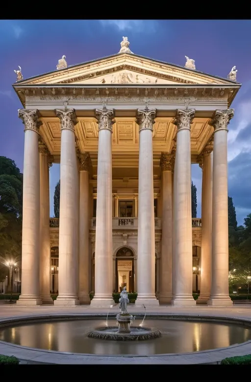 Prompt:  A majestic piece of classical architecture, showcasing grand columns, intricate stone carvings, and a symmetrical facade. The building is set in an elegant urban square, surrounded by beautifully landscaped gardens and historic sculptures. The twilight sky adds a dramatic backdrop, with the building's lights just beginning to illuminate the scene.  the lighting is a mix of natural light and subtle artificial lighting, emphasizing the timeless beauty and grandeur of the design. 