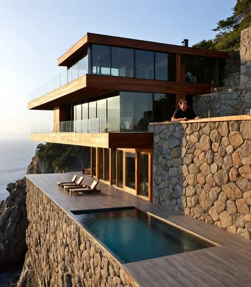 Prompt:  A modern architectural wonder, combining the rustic charm of wood planks with the sleekness of glass and the solidity of stone. The building is perched on a cliffside, offering breathtaking views of the ocean. The glass walls blur the boundaries between indoor and outdoor spaces, while the wood and stone elements provide a grounded, natural feel. The exterior is painted in muted tones that blend seamlessly with the surrounding landscape. the lighting is a combination of natural sunlight and warm indoor lighting, creating a cozy yet dramatic atmosphere. 