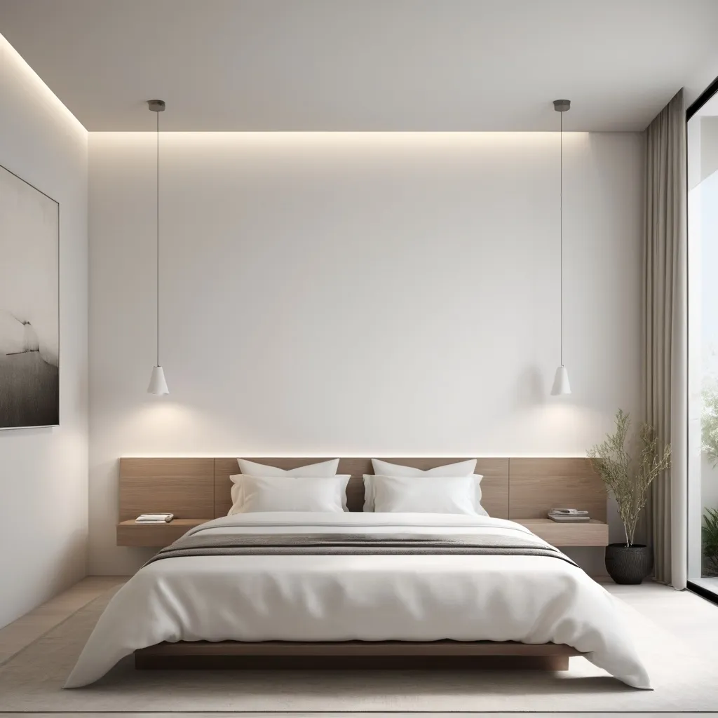 Prompt: in a minimalist bedroom that exudes simplicity and functionality, clean lines and a neutral color palette dominate. The uncluttered space features minimal decor and sleek, functional furniture. Soft, diffused lighting enhances the serene atmosphere, casting gentle shadows. Calming tones paint the walls, complemented by subtle textures like a woven wall hanging or simple artwork.

Above, the ceiling is smooth and white, with recessed lighting adding to the room's brightness. The entire room is visible, showcasing the minimalist design from floor to ceiling. The bed, adorned in crisp white linens, is positioned against an unadorned backdrop. A small side table with a minimalist lamp stands nearby, completing the tranquil setting.

Digital art emphasizes clean lines and a serene ambiance, with attention to the full-room view and ceiling design, --ar 16:9 --v 5"