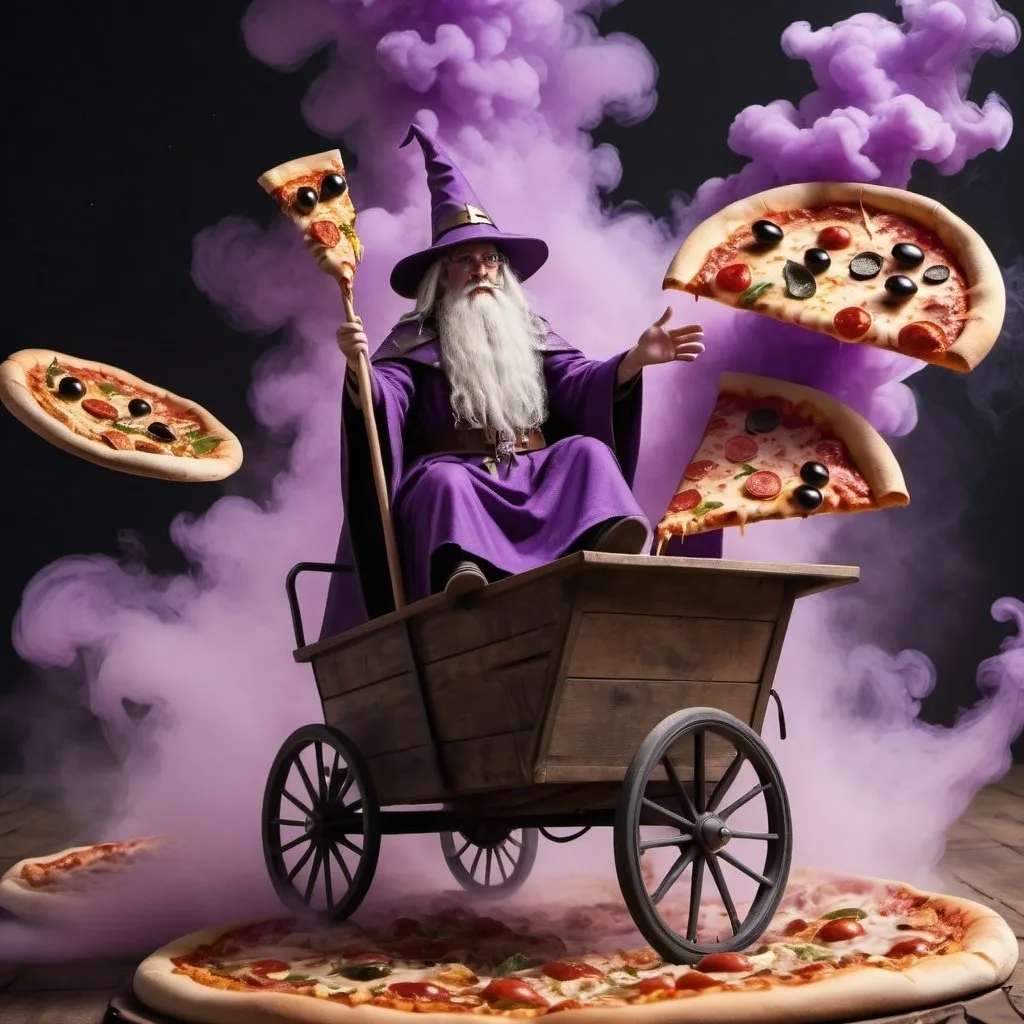 Prompt: wizard traveling through pizza land, the land is made out of pizza, different kinds of pizza, the wizard is on a cart pulled by horses made out of purple smoke.