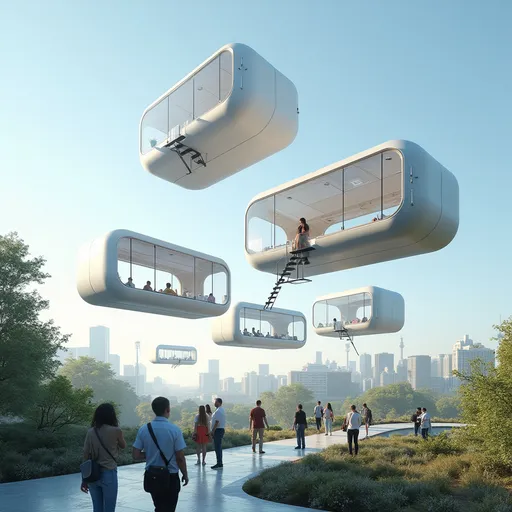 Prompt: Futuristic airborne living modules carried by drones – sleek, modular pop-up units floating above a modern corporate campus, a vibrant festival site, and a lively urban cityscape. The units function as temporary meeting rooms, learning stations, or personal retreats. Transparent, lightweight materials, soft curved forms, modern minimalist design. People are interacting with the floating modules – some are entering via light staircases, others relaxing inside. Daylight, blue sky, high-tech atmosphere with a touch of nature.
