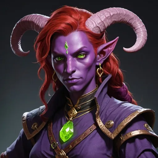 Prompt: A Dnd tiefling warlock with purple skin, lime green eyes and red hair