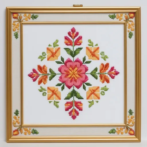 Prompt: Beautifully designed cross-stitch embroidery in a frame with a passepartout. 