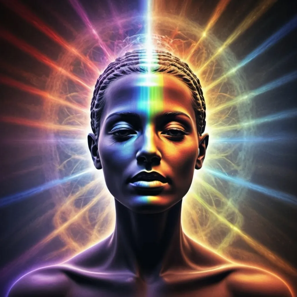 Prompt: consciousness interacting without a body with God frequency creating colors 