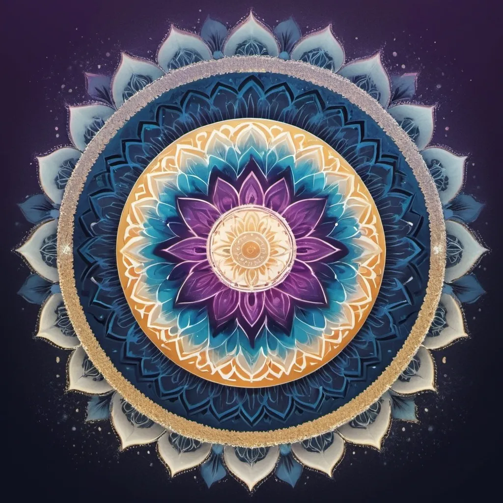 Prompt: : Create the Background**
1. Fill the background with a deep cosmic blue color (#001f3f). This will set the tone for the entire piece.
: Design the Central Mandala**
1. Use geometric tools or a mandala generator to create a central mandala. Start with a simple design and add layers of detail.
2. Choose colors like purple (#6a0dad) and gold (#ffd700) for the mandala. Apply gradients to add depth.
Add Light Rays**
1. Create a new layer for the light rays.
2. Use a soft brush with a gradient fill of gold and white to draw the rays emanating from the mandala.
3. Adjust the layer’s opacity and blending mode to make the light rays appear soft and radiant.
 Integrate Celestial Bodies**
1. Add stars, planets, and galaxies to the background. Use brushes or textures to create a cosmic effect.
2. Use white or light blue colors to depict stars and ensure they are subtle to avoid overpowering the mandala.
 Apply Celestial Dust Texture**
1. Create a new layer for the celestial dust.
2. Use a scatter brush or texture overlay to add a shimmering effect around the edges. Adjust the layer’s opacity for a soft look.
: Add Subtle Patterns and Fractals**
1. Create a new layer and use fractal brushes or patterns to add delicate details around the mandala.
2. Set this layer to a low opacity and choose a soft blending mode to ensure it complements rather than dominates the central design.
 Create a Glowing Aura**
1. Select a soft round brush and add a glow effect around the mandala with a light, radiant color.
2. Apply Gaussian blur to smooth out the edges and give it an ethereal quality.
: Integrate Transcendent Symbols**
1. Add symbols like the lotus flower or Eye of Horus around the mandala.
2. Use a light opacity and blending mode to make these symbols blend seamlessly with the background.
Final Adjustments**
1. Review the piece as a whole and make any necessary adjustments to color balance, contrast, and saturation.