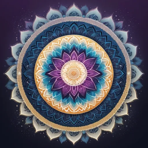 Prompt: : Create the Background**
1. Fill the background with a deep cosmic blue color (#001f3f). This will set the tone for the entire piece.
: Design the Central Mandala**
1. Use geometric tools or a mandala generator to create a central mandala. Start with a simple design and add layers of detail.
2. Choose colors like purple (#6a0dad) and gold (#ffd700) for the mandala. Apply gradients to add depth.
Add Light Rays**
1. Create a new layer for the light rays.
2. Use a soft brush with a gradient fill of gold and white to draw the rays emanating from the mandala.
3. Adjust the layer’s opacity and blending mode to make the light rays appear soft and radiant.
 Integrate Celestial Bodies**
1. Add stars, planets, and galaxies to the background. Use brushes or textures to create a cosmic effect.
2. Use white or light blue colors to depict stars and ensure they are subtle to avoid overpowering the mandala.
 Apply Celestial Dust Texture**
1. Create a new layer for the celestial dust.
2. Use a scatter brush or texture overlay to add a shimmering effect around the edges. Adjust the layer’s opacity for a soft look.
: Add Subtle Patterns and Fractals**
1. Create a new layer and use fractal brushes or patterns to add delicate details around the mandala.
2. Set this layer to a low opacity and choose a soft blending mode to ensure it complements rather than dominates the central design.
 Create a Glowing Aura**
1. Select a soft round brush and add a glow effect around the mandala with a light, radiant color.
2. Apply Gaussian blur to smooth out the edges and give it an ethereal quality.
: Integrate Transcendent Symbols**
1. Add symbols like the lotus flower or Eye of Horus around the mandala.
2. Use a light opacity and blending mode to make these symbols blend seamlessly with the background.
Final Adjustments**
1. Review the piece as a whole and make any necessary adjustments to color balance, contrast, and saturation.