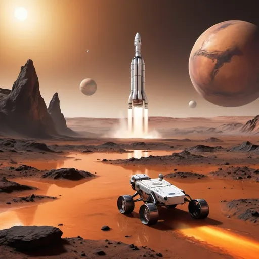 Prompt: Mars with Liquid Water: A prominent, realistic depiction of Mars with visible liquid water, such as a small lake or a riverbed. Include subtle ripples or reflections to show the water’s presence. Place this near the center to emphasize the groundbreaking discovery.
Spacecraft and Rockets: Illustrate a sleek, modern SpaceX rocket launching into space, with flames and smoke for dynamic effect. Include a NASA rover or spacecraft exploring Mars, subtly positioned in the background.
Exoplanet Discovery: Show a distant, colorful exoplanet with a "Goldilocks Zone" label, adding a sense of intrigue and possibility.
Asteroid Mining: Include an asteroid with a futuristic mining rig or space probe extracting minerals, adding a touch of high-tech adventure.
Text Overlay:
Main Title: "Blast Off into the Future!" in bold, futuristic font at the top.
Subtext: Use a catchy, readable font for key points like "Liquid Water on Mars!" and "SpaceX's Bold Moves!" Place these near their corresponding visuals.