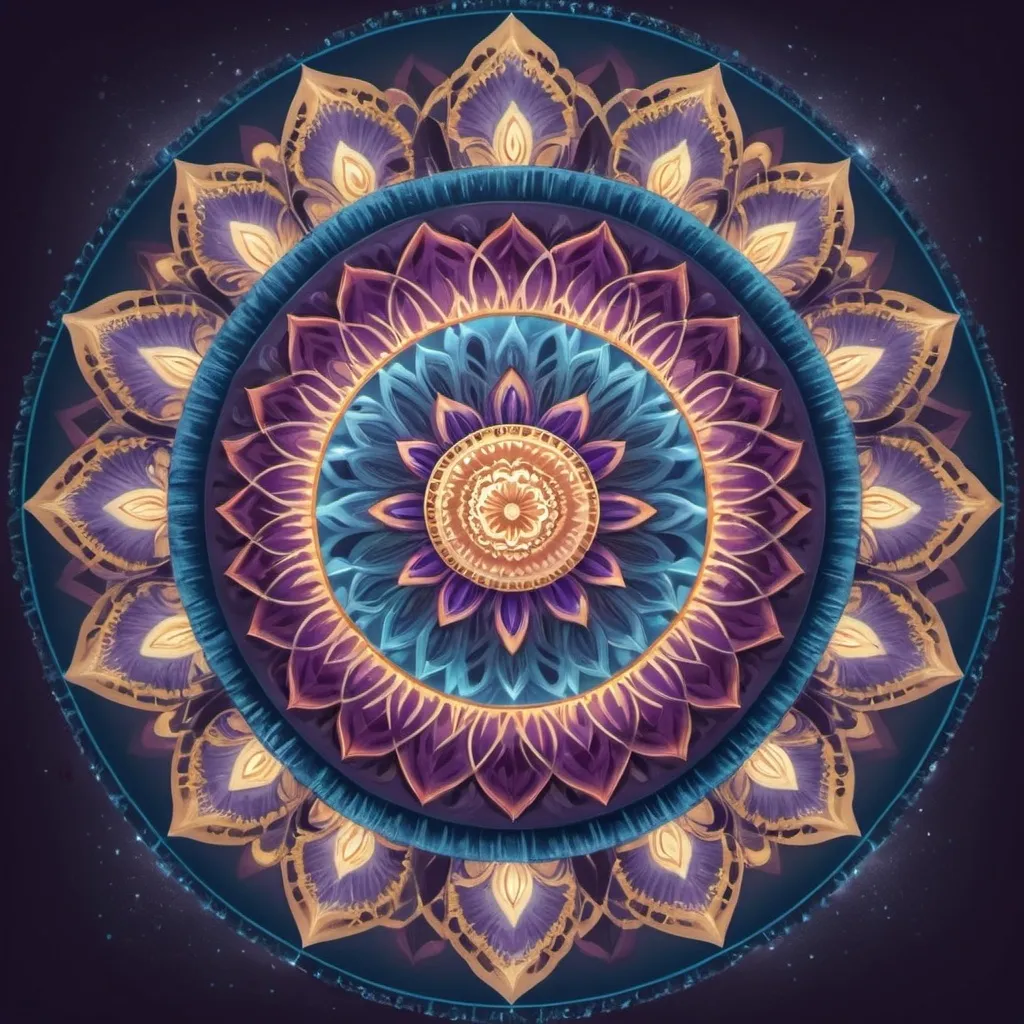 Prompt: : Create the Background**
1. Fill the background with a deep cosmic blue color (#001f3f). This will set the tone for the entire piece.
: Design the Central Mandala**
1. Use geometric tools or a mandala generator to create a central mandala. Start with a simple design and add layers of detail.
2. Choose colors like purple (#6a0dad) and gold (#ffd700) for the mandala. Apply gradients to add depth.
Add Light Rays**
1. Create a new layer for the light rays.
2. Use a soft brush with a gradient fill of gold and white to draw the rays emanating from the mandala.
3. Adjust the layer’s opacity and blending mode to make the light rays appear soft and radiant.
 Integrate Celestial Bodies**
1. Add stars, planets, and galaxies to the background. Use brushes or textures to create a cosmic effect.
2. Use white or light blue colors to depict stars and ensure they are subtle to avoid overpowering the mandala.
 Apply Celestial Dust Texture**
1. Create a new layer for the celestial dust.
2. Use a scatter brush or texture overlay to add a shimmering effect around the edges. Adjust the layer’s opacity for a soft look.
: Add Subtle Patterns and Fractals**
1. Create a new layer and use fractal brushes or patterns to add delicate details around the mandala.
2. Set this layer to a low opacity and choose a soft blending mode to ensure it complements rather than dominates the central design.
 Create a Glowing Aura**
1. Select a soft round brush and add a glow effect around the mandala with a light, radiant color.
2. Apply Gaussian blur to smooth out the edges and give it an ethereal quality.
: Integrate Transcendent Symbols**
1. Add symbols like the lotus flower or Eye of Horus around the mandala.
2. Use a light opacity and blending mode to make these symbols blend seamlessly with the background.
Final Adjustments**
1. Review the piece as a whole and make any necessary adjustments to color balance, contrast, and saturation.