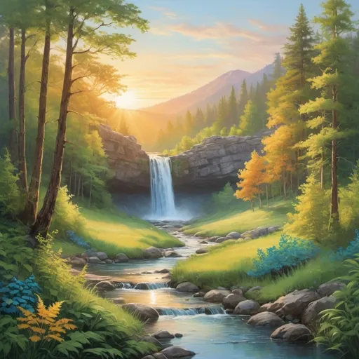 Prompt: A serene natural landscape that blends various elements of nature—such as a tranquil forest, flowing waterfall, open meadow, and a vibrant sunrise or sunset. The colors are soothing, with soft greens, blues, and golden hues.