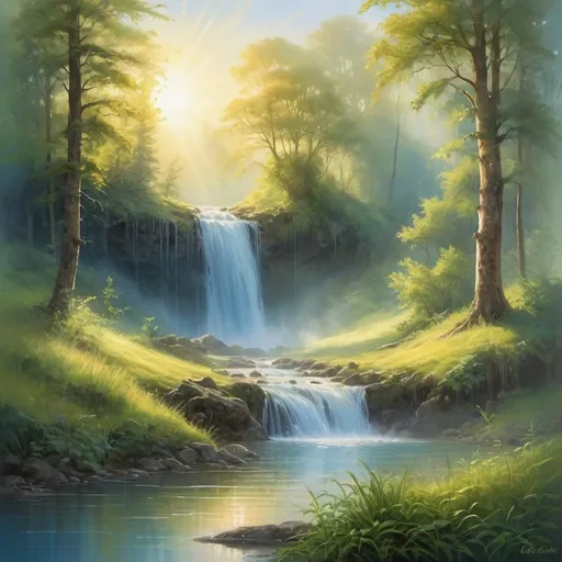 Prompt: A serene natural landscape that blends various elements of nature—such as a tranquil forest, flowing waterfall, open meadow, and a vibrant sunrise or sunset. The colors are soothing, with soft greens, blues, and golden hues.