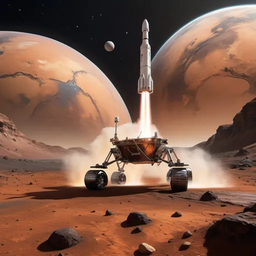 Prompt: Mars with Liquid Water: A prominent, realistic depiction of Mars with visible liquid water, such as a small lake or a riverbed. Include subtle ripples or reflections to show the water’s presence. Place this near the center to emphasize the groundbreaking discovery.
Spacecraft and Rockets: Illustrate a sleek, modern SpaceX rocket launching into space, with flames and smoke for dynamic effect. Include a NASA rover or spacecraft exploring Mars, subtly positioned in the background.
Exoplanet Discovery: Show a distant, colorful exoplanet with a "Goldilocks Zone" label, adding a sense of intrigue and possibility.
Asteroid Mining: Include an asteroid with a futuristic mining rig or space probe extracting minerals, adding a touch of high-tech adventure.
Text Overlay:
Main Title: "Blast Off into the Future!" in bold, futuristic font at the top.
Subtext: Use a catchy, readable font for key points like "Liquid Water on Mars!" and "SpaceX's Bold Moves!" Place these near their corresponding visuals.