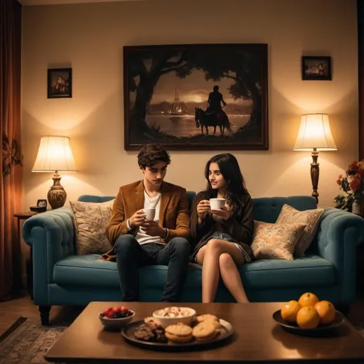 Prompt: A one-room hotel room with dim amber color lighting and a boy and a girl, both in their 20s, are spread out in front of the three-seater sofa in front of the television in the room, with a coffee table and whiskey on the coffee table, along with cookies and fruits, and they are sitting romantically, as if all the pain has been forgotten. It's as if joys were added instead, the girl's hair is close to blonde, the boy is brunette and has black hair. Koltuğun arkasında yatak olacaktı ve yalnız iki kişi olacak kız ve erkek kız sarı saçlı demiştim