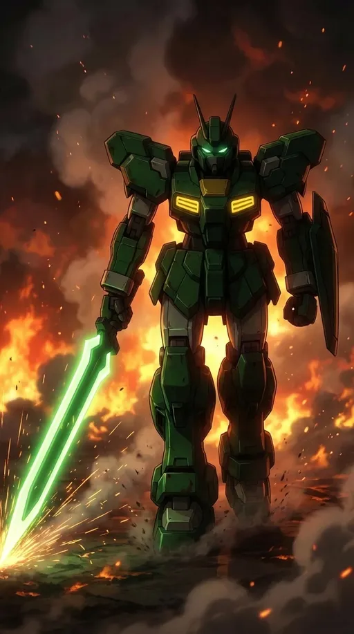 Prompt: dark cinematic anime scene, massive green armored mech with glowing yellow chest vents and glowing green eyes

mech walking slowly toward the camera through smoke and fire, glowing green energy sword dragging sparks across the ground, dramatic backlighting, cinematic anime shot
