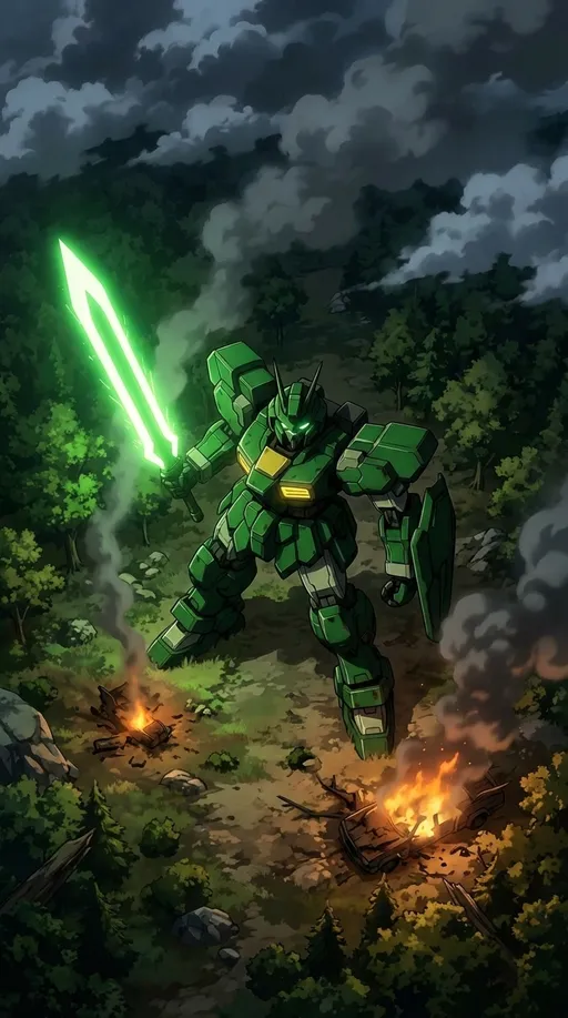 Prompt: dark cinematic anime scene, massive green armored mech with glowing yellow chest vents and glowing green eyes, holding a glowing green energy sword

top down aerial shot, drone perspective looking down on the mech standing in a forest clearing, burning wreckage nearby, smoke rising, glowing blade illuminating the ground, cinematic anime lighting, dramatic clouds