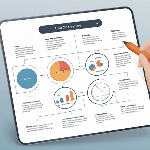 Prompt: A flowchart illustrating the methodologies used to assess UX:

User Testing:
Users interacting with a product
Observations and recordings
Surveys:
Questionnaires
User feedback forms
Analytics:
Data charts
User behavior metrics
Icons or small illustrations can represent each method:

User Testing: A user at a computer with a researcher observing.
Surveys: A survey form with a pen or a digital survey on a tablet.
Analytics: Graphs and charts with data points.
