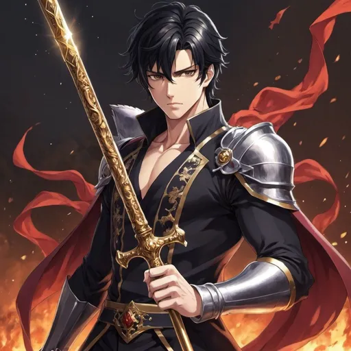 Prompt: Anime A hot guy black hair and tall, he is holding a scepter
He is in war
He is the prince and he’s fighting
