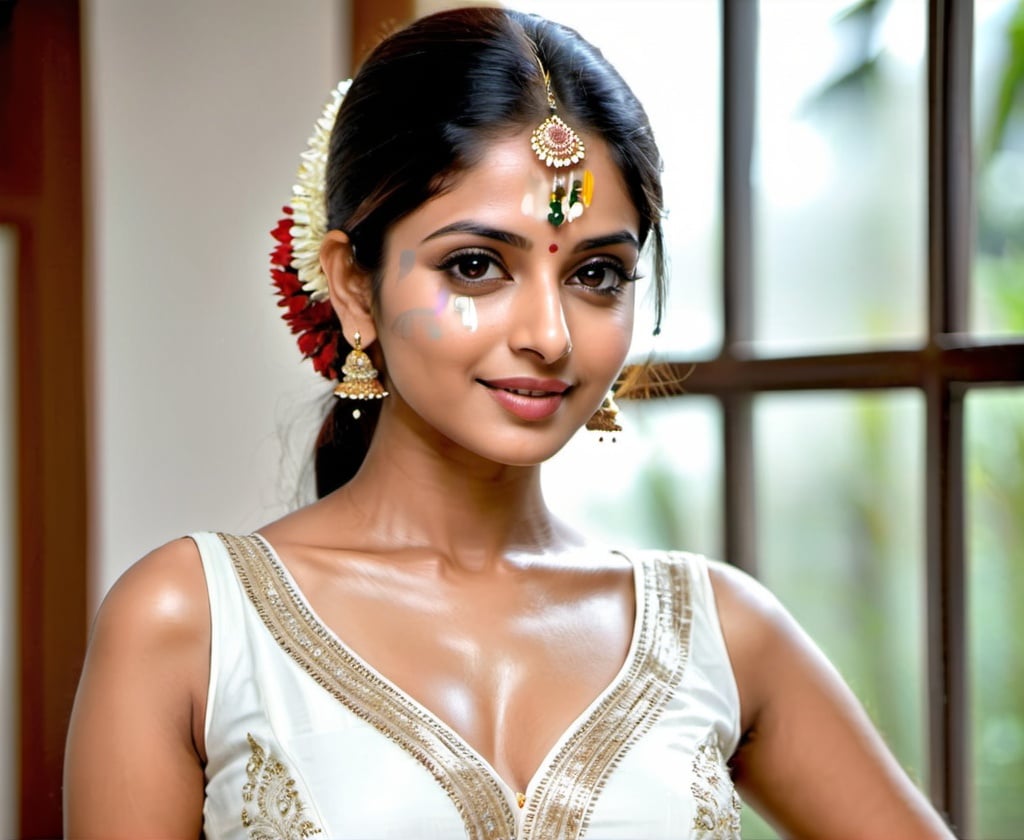 Prompt: Indian beautiful women wearing white dress  and showing her beautiful skin 
