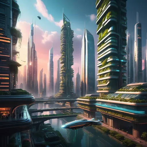 Prompt: A breathtaking futuristic megacity in the year 2100, glowing neon skyscrapers with vertical gardens, flying cars in the sky, a cyberpunk aesthetic, ultra-modern buildings made of glass and holographic displays, a utopian sunset."

