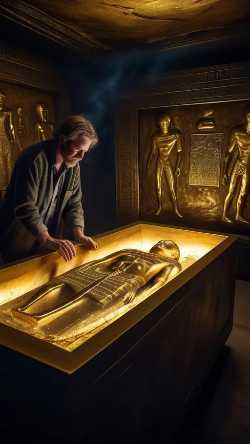 Prompt: Inside the dark chamber, an ancient sarcophagus is covered in gold and sapphire inscriptions, glowing faintly. As the archaeologist touches it, golden dust swirls into the air, and cracks begin to form. The sound of deep breathing echoes from within. The air grows heavy, filled with whispers of forgotten souls. Hyper-realistic, cinematic, ultra-detailed, 4K.