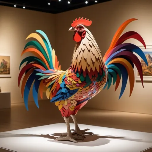 Prompt: Gallo dentro de un museo, presenta hermoso plumaje con detalles hiperrealistasen  8k de gran belleza y colorido y todo esta hecho con la t�cnica de Kirigami