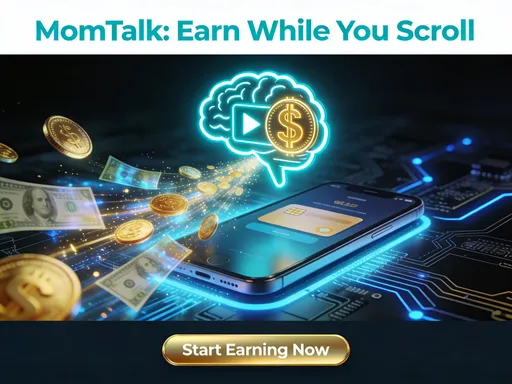 Prompt: Create a professional digital advertisement banner for a fintech/rewards app called MomTalk. The design features a dark technological background with intricate circuit board patterns and glowing neon blue and cyan LED lighting effects. In the center, a luminous brain icon merged with a play button symbol and dollar sign glows intensely in cyan and gold. From this central brain logo, streams of golden digital coins and holographic dollar bills flow dynamically towards a sleek modern smartphone displaying a digital wallet interface. The composition represents the transformation of screen time into real earnings. Style: futuristic, tech, cryptocurrency aesthetic. Color palette: deep black/navy background with vibrant cyan, electric blue, and metallic gold accents. Leave clean space at top for headline text and bottom for call-to-action button. Aspect ratio 16:9, ultra high quality, professional advertising design.