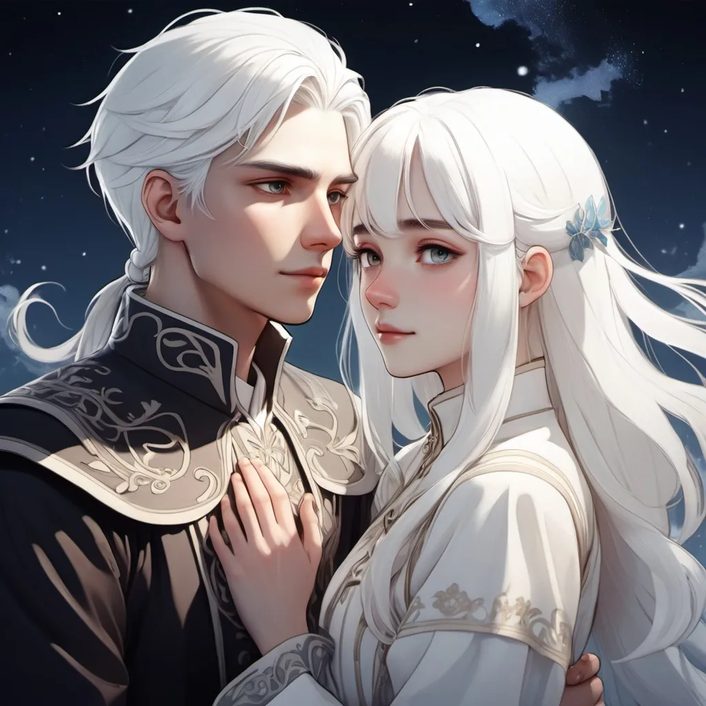 Prompt: a drawing of a couple , Ay-O, neo-romanticism, white hair, illustration from game sky children of the light