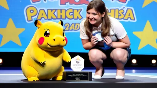 Prompt: The cutest baby pygmy hippo won first place and stood on the podium to receive the award, with Pikachu presenting the prize on stage.