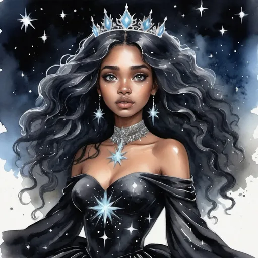 Prompt: mulher princesa feérica com longos e esvoaçantes cabelos negros como o universo frio, usando vestido preto como um céu estrelado, olhos negros como um céu noturno, estilo aquarela